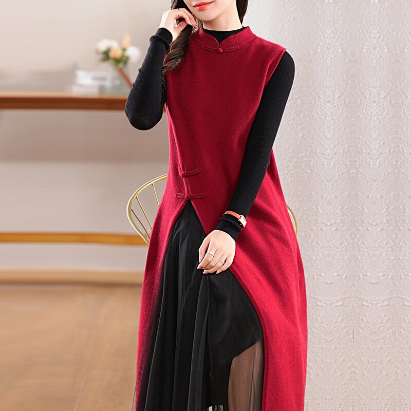 Sheep Wool Vintage Button-Up Stand Collar 100% Wool Knitted Vest Dress for Women with Side Slit Mid-Length Cheongsam Dress Sheep Wool Vintage Button-Up Stand Collar 100% Wool Knitted Vest Dress for Women with Side Slit Mid-Length Cheongsam Dress