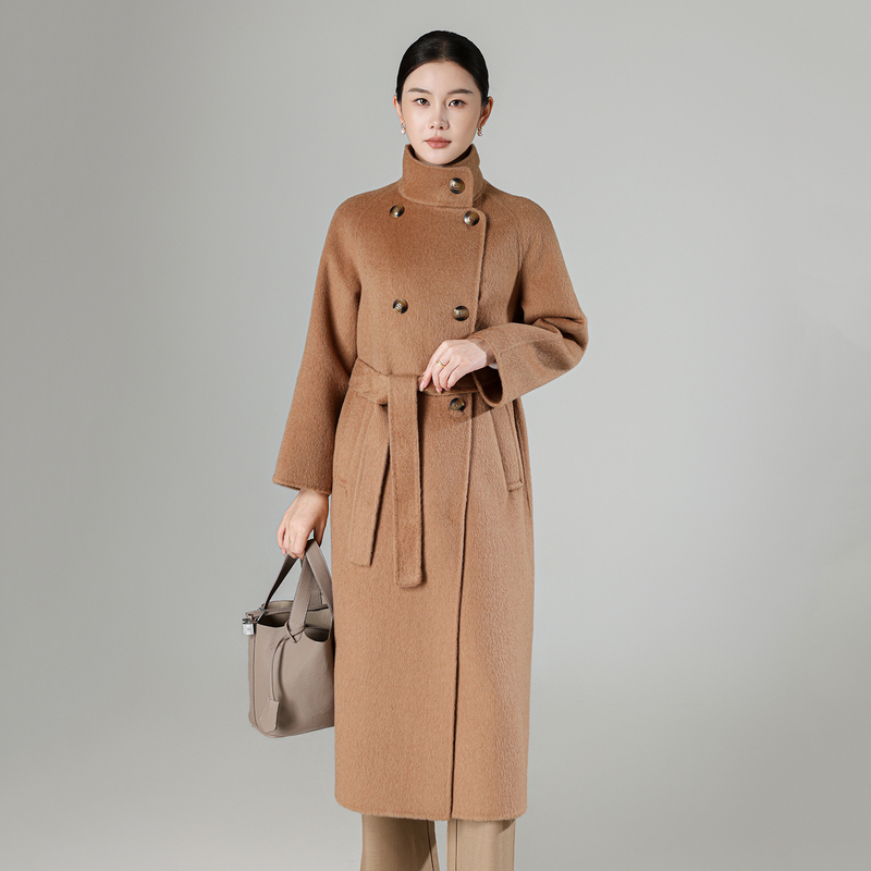 Elegant and Sophisticated Mid-Length Double-Breasted Wool Coat for Women, Korean Style Stand Collar, Double-Sided Camel Wool Elegant and Sophisticated Mid-Length Double-Breasted Wool Coat for Women, Korean Style Stand Collar, Double-Sided Camel Wool