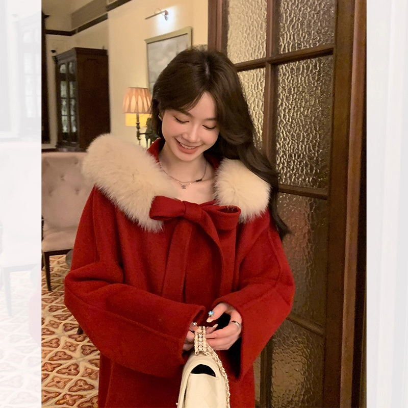Christmas Red Fox Fur Collar Cashmere Cape Coat for Women 2026 Winter New Thickened Mid-Length Woolen Coat Christmas Red Fox Fur Collar Cashmere Cape Coat for Women 2026 Winter New Thickened Mid-Length Woolen Coat