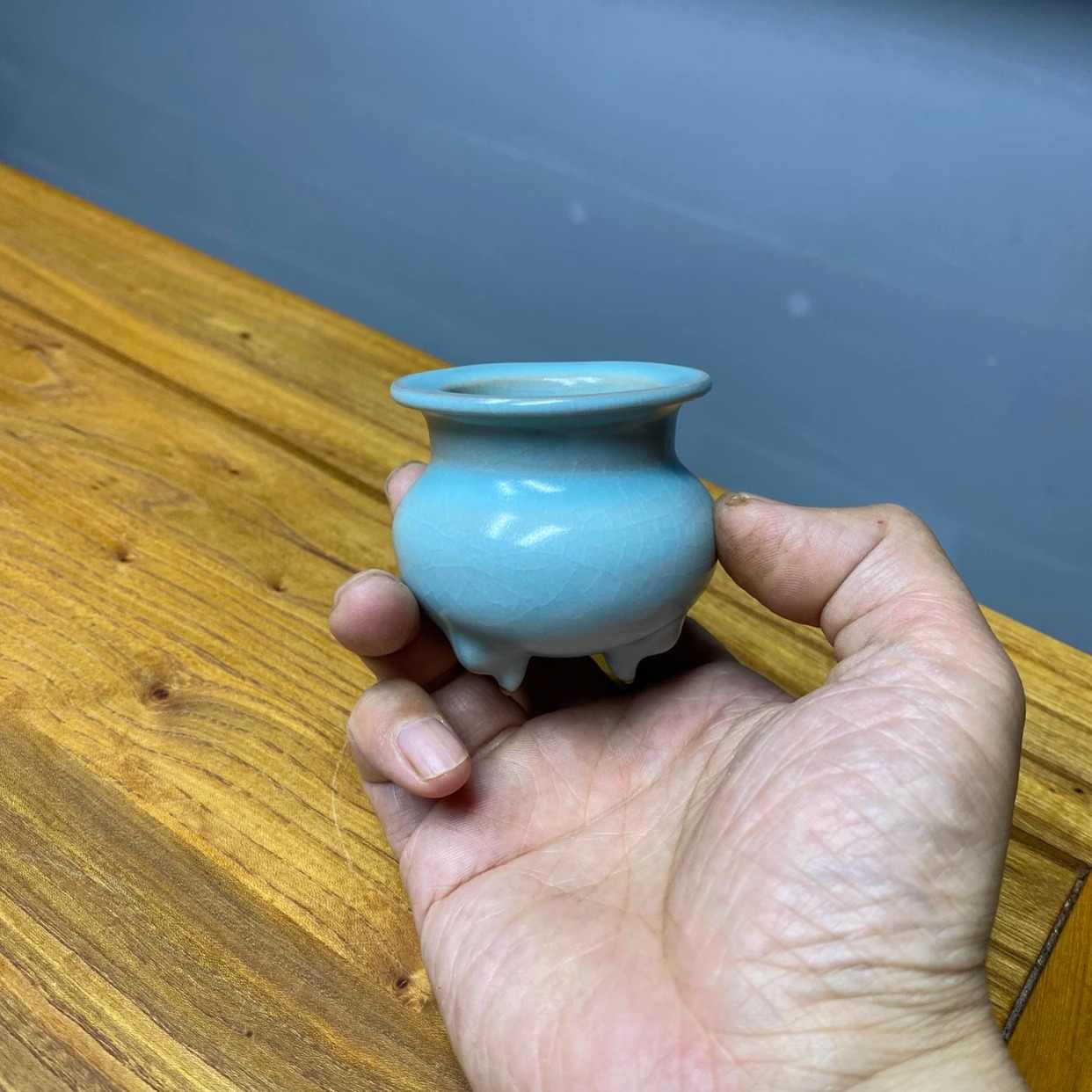 宋時代 汝窯 藍釉 双耳三足炉