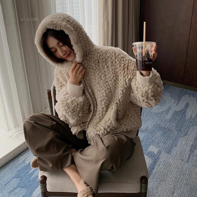 RCLIU 2022 autumn and winter new rex ​​rabbit fur woven fur coat women's hooded fur coat young style