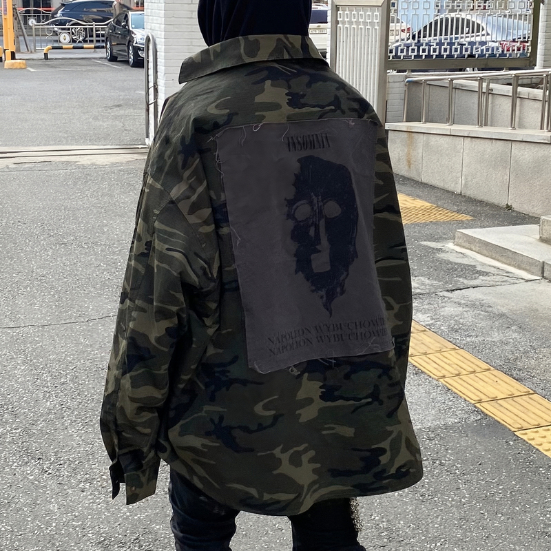 Undermycar Washed and Distressed Patchwork Shirt Vibe Style High Street Unisex Loose Casual Camouflage Shirt Jacket