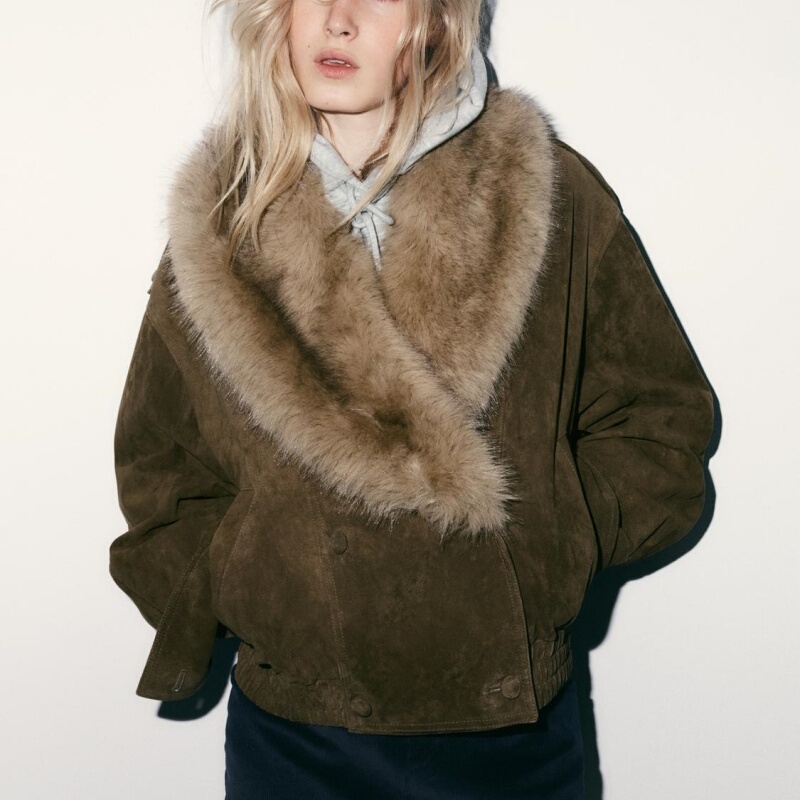 2026 Autumn New Women's Retro Faux Fur Effect Suede Textured Leather Jacket 5761783