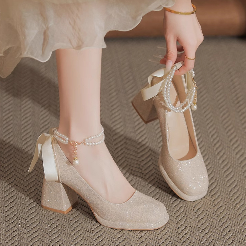 Thick-Heeled, Beautiful and Comfortable Bridal Shoes for Women, Suitable for Wedding Dresses, Cheongsam, Engagement, Coming-Of-Age Ceremony, 18-Year-Old Crystal High Heels