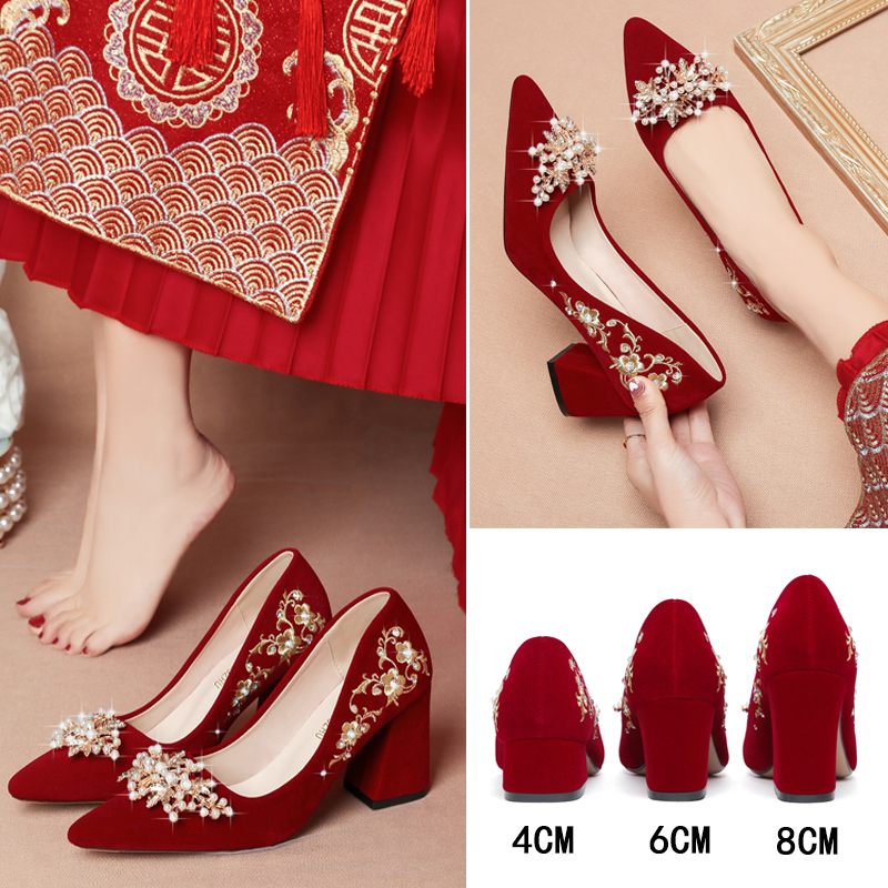 Xiuhe-Style Red Wedding Shoes for Women, Bride, 2026 New High-Heeled Shoes, Wedding Block Heels, Chinese Style, for Toasting, Pregnant Women, Engagement Xiuhe-Style Red Wedding Shoes for Women, Bride, 2026 New High-Heeled Shoes, Wedding Block Heels, Chinese Style, for Toasting, Pregnant Women, Engagement
