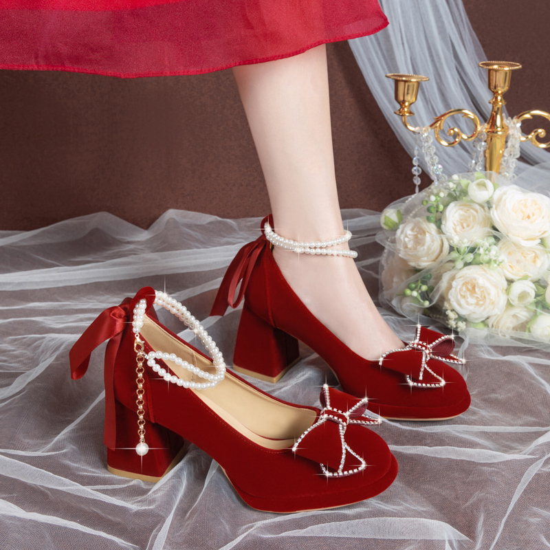 Wedding Shoes for Women 2025 New Style Bride Engagement Stunning Xiuhe Dress Wedding Dress Large Size Round Toe Red Chunky Heel High Heels