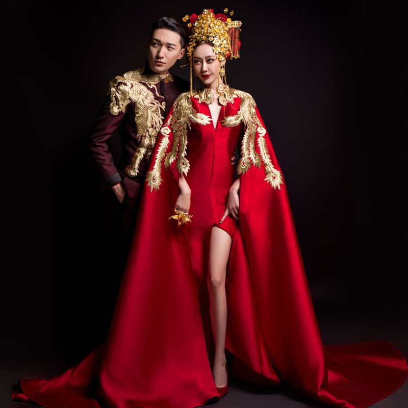 New photo studio theme clothing exquisite wedding dress Chinese style red Chinese retro catwalk photo cloak dress