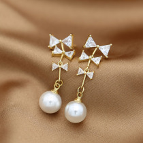 Fairy temperament~Zircon micro-inlaid bow cascading temperament pearl earrings ins shiny tide ding#21