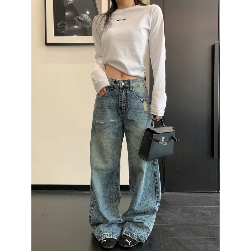 Oisis Spring Vintage Distressed Straight-Leg Jeans for Women, American Style, Relaxed Fit, Versatile, Faded Low-Waist Wide-Leg Pants