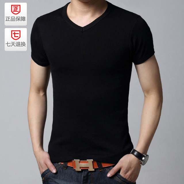 Authentic Red Breast Bird men's round neck short-sleeved T-shirt V-neck half-sleeved T-shirt slim solid color student T-shirt tight male