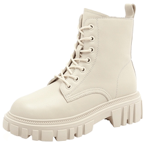 Camel Womens Shoes 2024 New Velvet Short Boots Genuine Leather Boots Womens British Style Thick Sole Thick Heel White Martin Boots Women