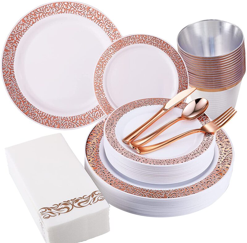 Free Shipping Disposable Rose Gold Tableware Goblets Champagne Glasses Red Wine Glasses Cocktail Glasses Western-Style Round Plates Knife Fork Spoon