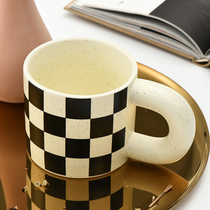 Little Western Nordic style black and white checkerboard mug fat handle ceramic cup coffee cup Milk Cup Plaid Cup