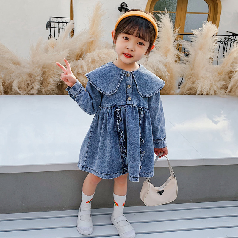 Girl Foreign Dress Spring Autumn 2021 New Korean Version Foreign Pie Children Suit Princess Dresses Baby Denim Dress Spring Dress