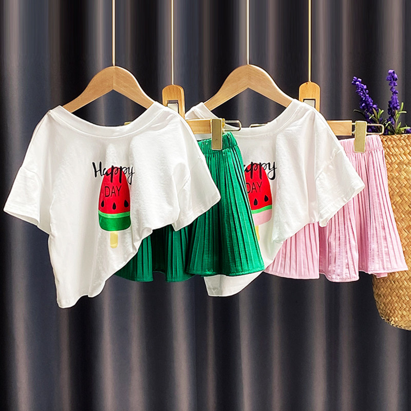 Girls suit summer 2021 new Western style children's short-sleeved T-shirt baby girl summer pleated skirt two-piece set
