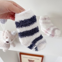 Good night KK autumn winter thickened soft and cute blue tattoo pink striped baby non-slip floor socks warm socks