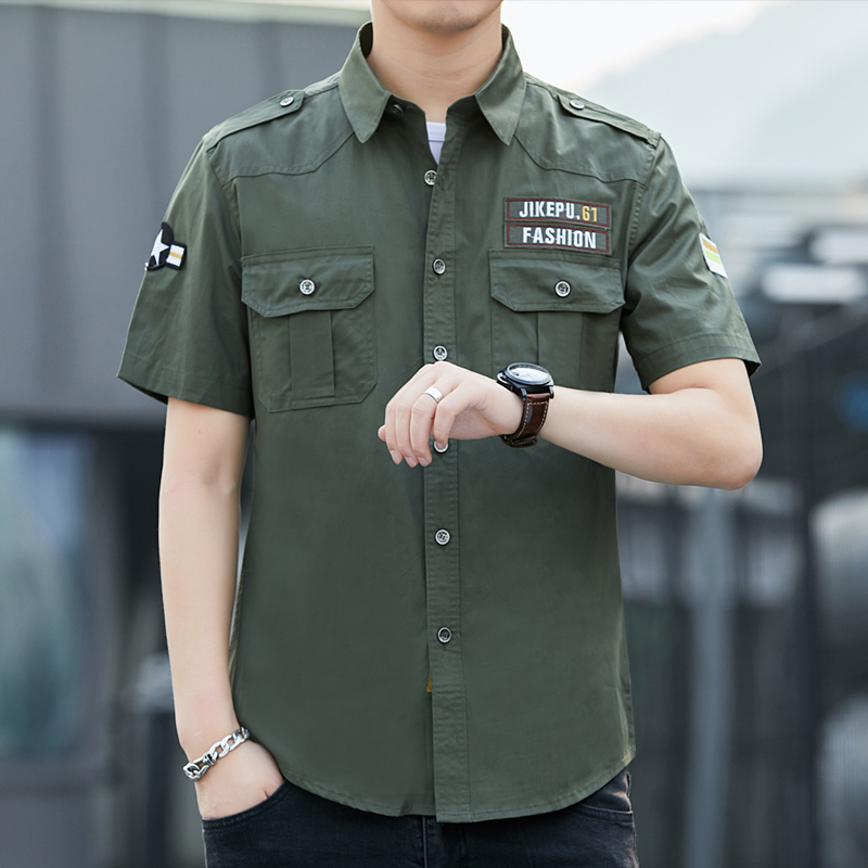 Men's Short-Sleeved Shirt, Pure Cotton, Army Green, Wrinkle-Free, Stylish Air Force One Workwear, Multi-Pocket, Large Size Work Uniform