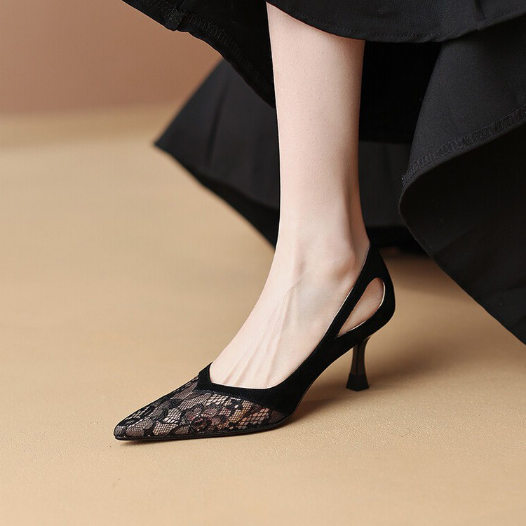 Givenivan high-value beauty ~ French ladies stiletto lace high-heeled shoes women's shallow mouth pointed shoes 6 5