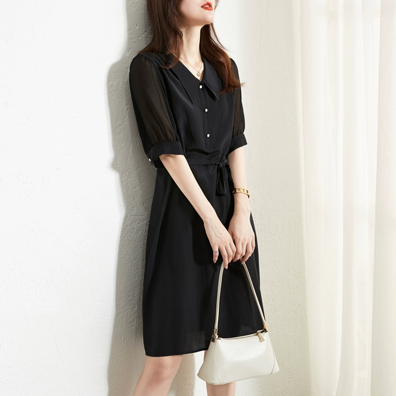 Đầm lụa lụa mùa hè của phụ nữ lụa mới eo rắn màu đa năng đầm lụa mỏng - Váy eo cao