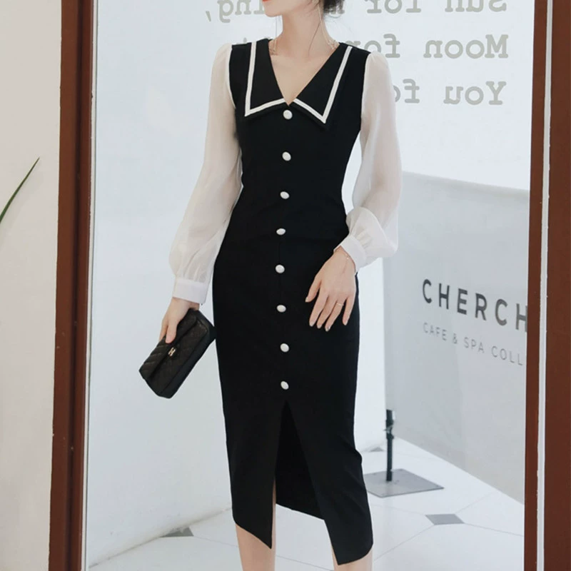 Khí chất mới chuyên nghiệp sexy hit màu túi đeo hông váy 2021 mùa thu / mùa đông người nổi tiếng OL váy dài tay mỏng - váy đầm