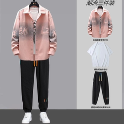 Spring and autumn three -piece male Hong Kong wind and handsome trendy casual sports suit long -sleeved fashion shirt jacket thin summer