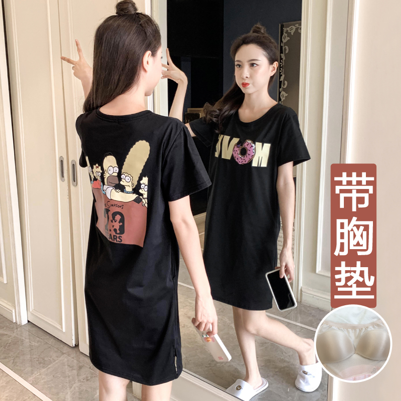 Sleeping Skirt Woman Summer Short Sleeve Pure Cotton With Chest Cushion Pyjamas Korean version Cartoon One-piece Bra Underwear Home in a long dress