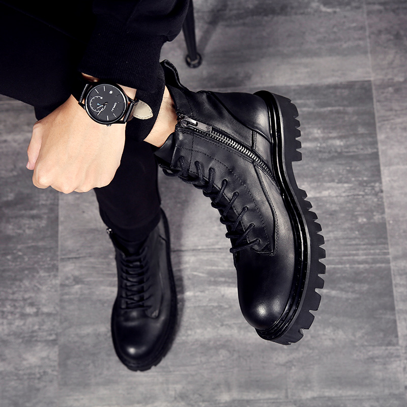 Vintage Martin boots men autumn leather plus fur pure handmade boots men's British mid-barrel leather shoes men's thick-soled shoes tide