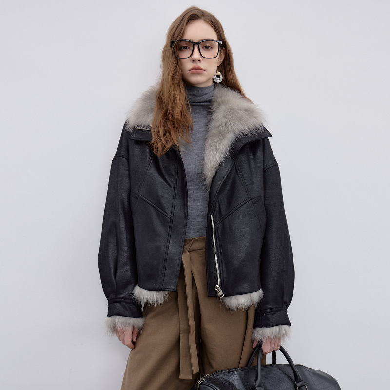 Manmona Wangshu Imported Raccoon Fur Coat Women's Short Suede Reversible Biker Jacket Winter Manmona Wangshu Imported Raccoon Fur Coat Women's Short Suede Reversible Biker Jacket Winter