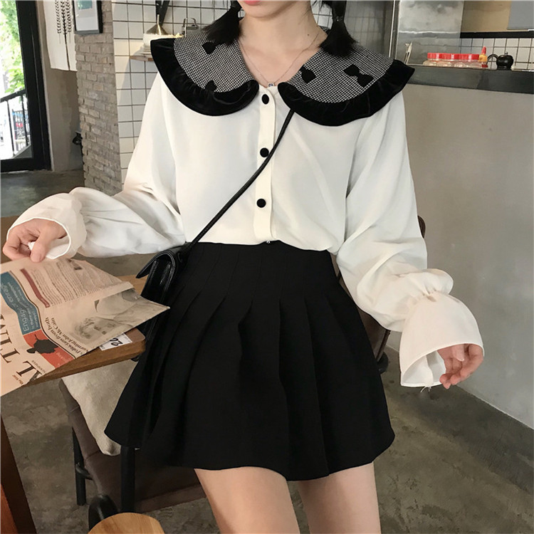 VK旗艦店 韓系寬鬆百搭撞色波點襯衫長袖上衣