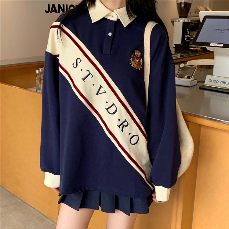 VK旗艦店 韓國學院風寬鬆百搭polo領拼接印花長袖上衣