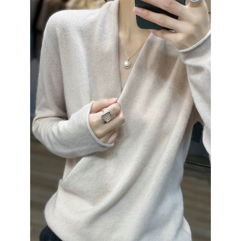 2023 Autumn and Winter New Style Cross V-Neck Cashmere Sweater Women's Long-Sleeved Loose Kimono Sweater Pure Wool Base Knitwear 2023 Autumn and Winter New Style Cross V-Neck Cashmere Sweater Women's Long-Sleeved Loose Kimono Sweater Pure Wool Base Knitwear