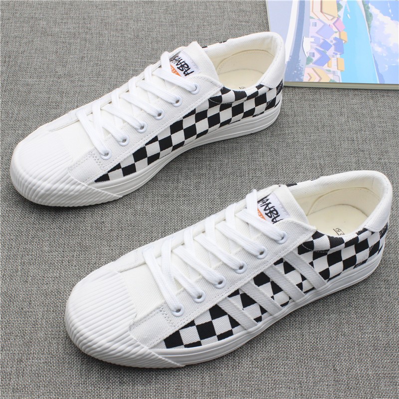 Summer canvas shoes men's trend all-match low-top black and white plaid shoes breathable deodorant cloth shoes soft bottom shell head men's shoes