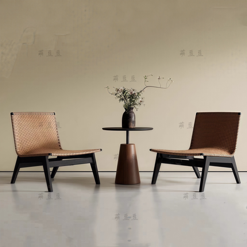 Medieval-Style Solid Wood Single Sofa Chair, One Table and Two Chairs, Mezzanine Leisure Rattan Chair, Lobby Reception Table and Chair Set