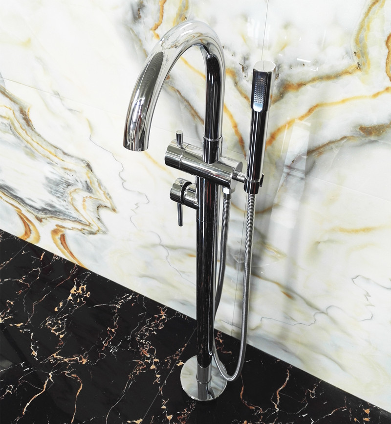 Napoli Guangdong Chrome All-copper Landing Bath Shower Tap Black Cold and Hot Stand Vertical Golden Rainbowl