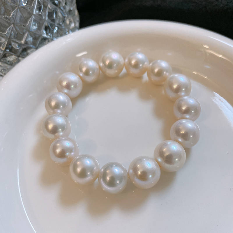 Natural Round Edison Pearl Bracelet for Women, French Retro High-End Silver Blue Aurora Australian White Bracelet 520 Gift