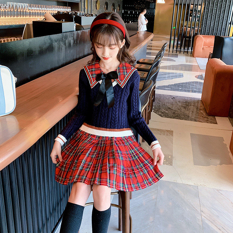 Girls navy collar personality sweater fashion early autumn clothing medium and large children's knitted sweater suit autumn