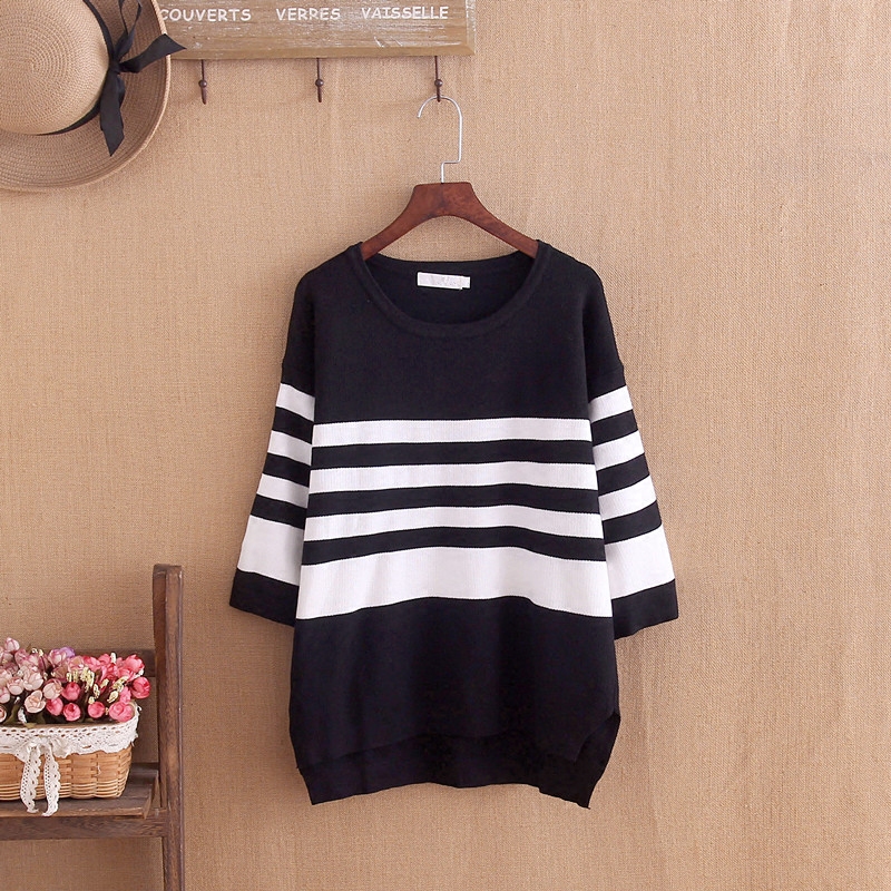 Large size stitch cardiovert woman fat mm autumn dress new gats up 200 catty black and white striped jacket head slapped undershirt sweater