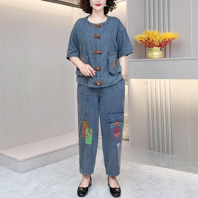 Washed Denim Cotton Fashionable Middle-Aged and Elderly Suit 2026 Summer New Style Z Stylish Plus Size Mother's Two-Piece Set