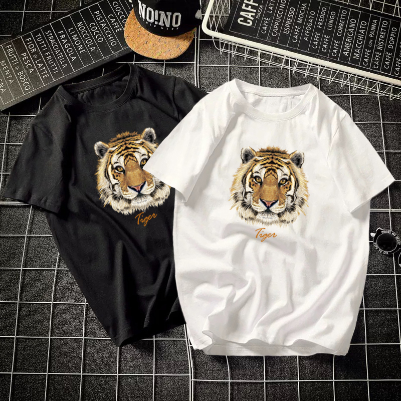 Trendy Brand Chic Harajuku Style Tiger Short-Sleeve T-Shirt for Men, Trendy Pure Cotton Loose Hip-Hop Versatile Couple Top Summer Wear