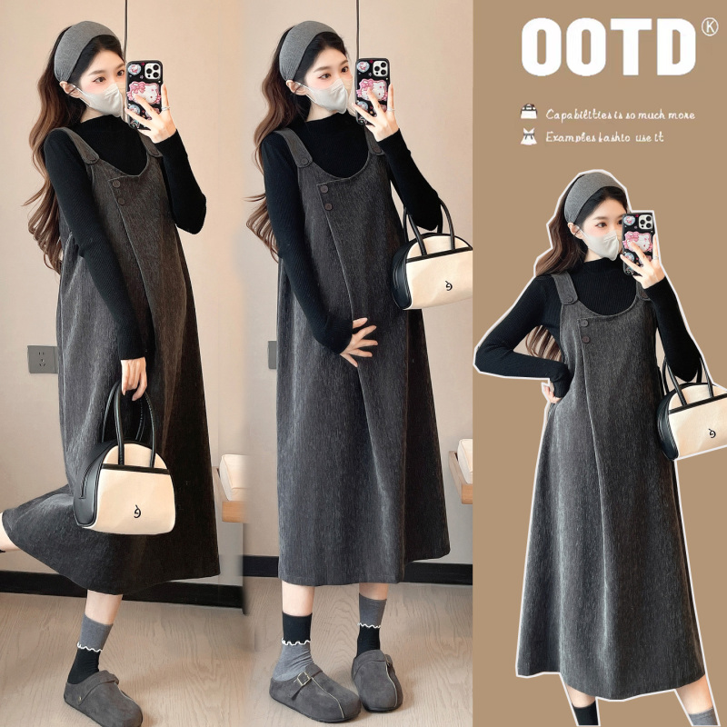 Maternity Dress 2025 New Autumn and Winter Style Pregnancy High-End Outfit Set Women's Loose Suspender Dress Maternity Wear