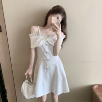 Slotted shoulder dress 2020 new ruffle a hem slim slim rhinestone bow suspender skirt summer