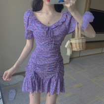 Purple dress age reduction thin 2020 new Korean version chic gentle double drawstring slim temperament floral skirt