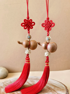 Old Peach Wood Gourd Door Hanging Ornament for Bedroom Door, Red Chinese Knot with Double Tassels, Indoor Decoration