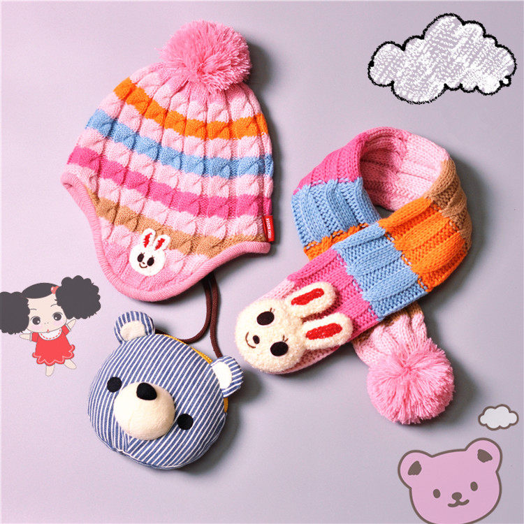 Autumn-winter double layer Japanese Mikihouse baby protective ear hat bunny knit shades hat warm scarves