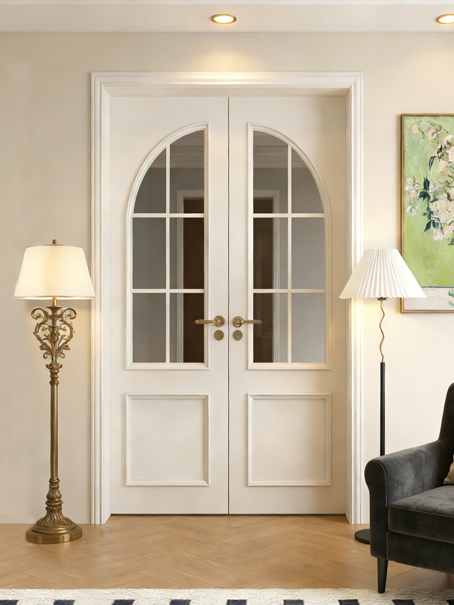 Wooden Solid Wood Lacquered White Doors for Study, Bedroom, Room, Double Swing Doors, Light French Vintage Style Entryway