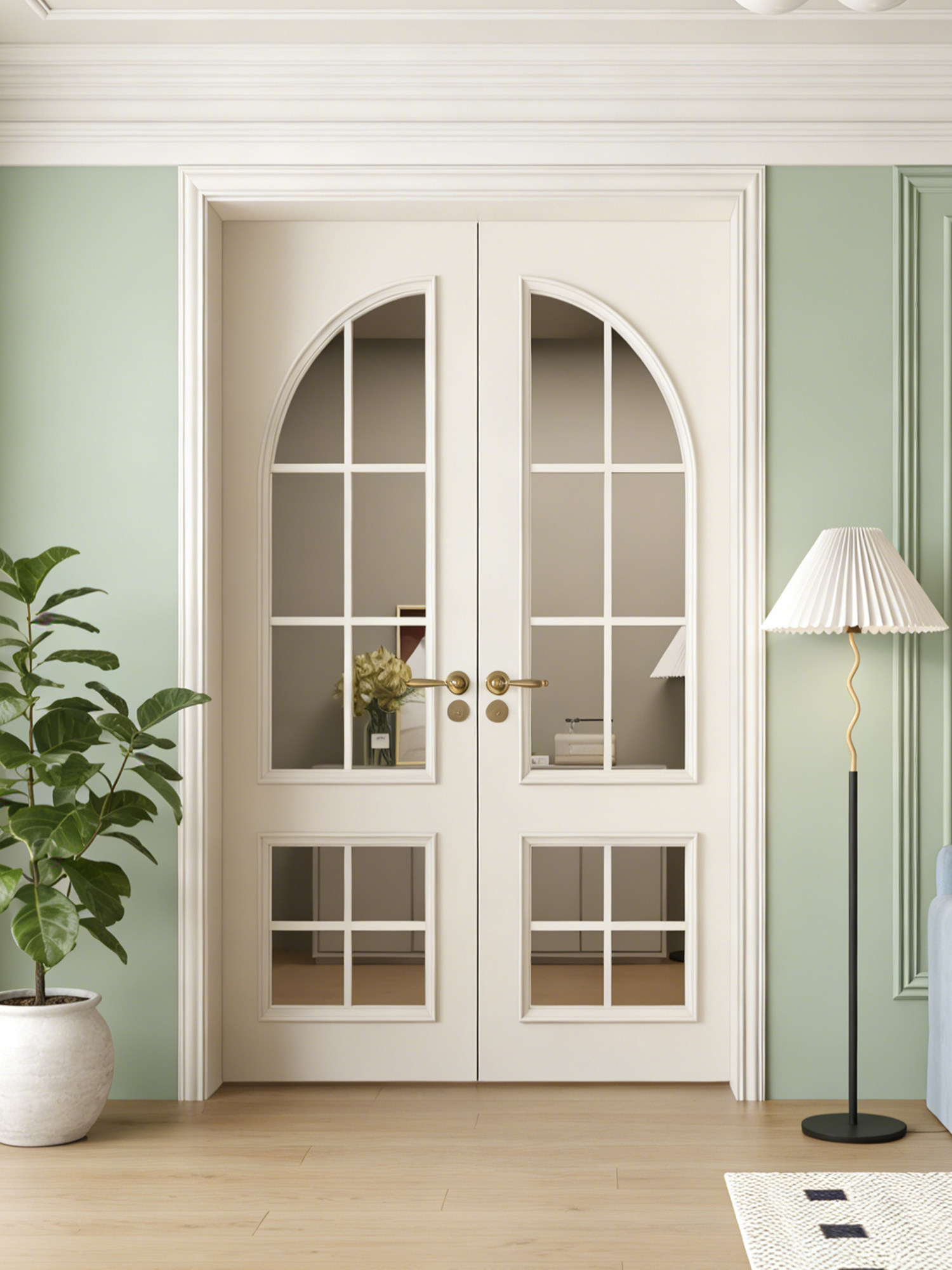 Wooden Solid Wood Lacquered White Doors for Study, Bedroom, Room, Double Swing Doors, Light French Vintage Style Entryway