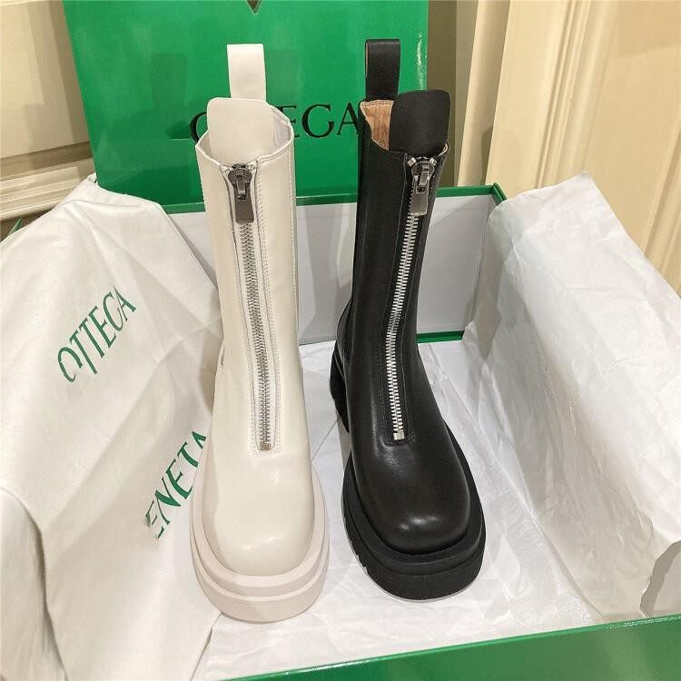 Leather inner heightening martin boots women's mid-boots front zipper white Chelsea ankle boots thick bottom mona chimney boots