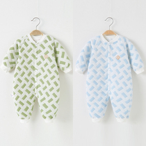 Newborn long sleeve male baby spring and autumn three-layer warm jumpsuit boneless Autumn Winter female baby can open crotch