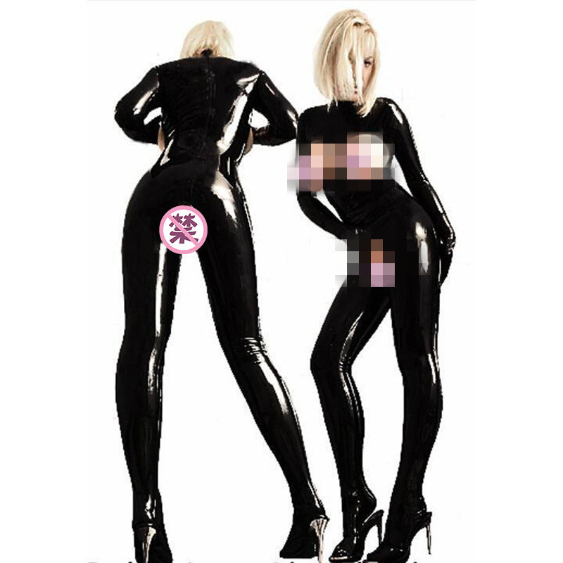 Full-Body Patent Leather Bodysuit with Cut-Out Holes, Open Crotch, Long Sleeves, Plus Size, Stretchy Queen Outfit