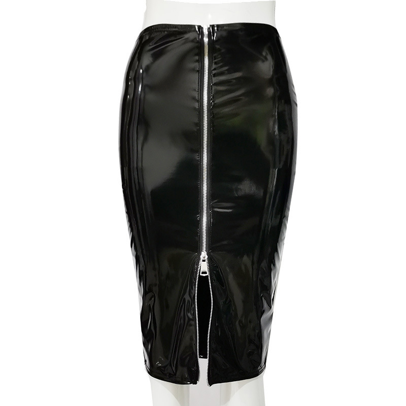 Mirror Pu Leather Women's Skirt, European and American Style, High-Gloss, Elastic, High-Waisted, Zippered, Mid-Length Skirt, Sexy Tight-Fitting Bodycon Skirt